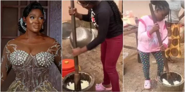Mercy Johnson stirs excitement as she teaches her daughters how to pound yam (Video)