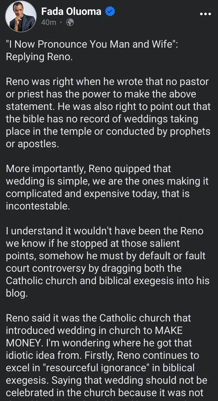 Reno Was Right When He Wrote That No Pastor Has Power to Pronounce You As 'Husband and Wife - Fr. Oluoma