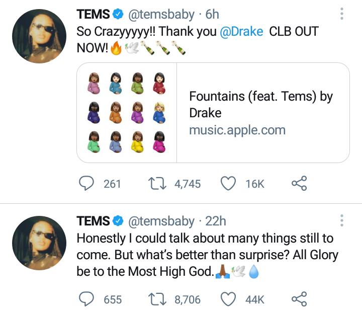 Singer Tems reveals excitement after featuring on Drake's new album