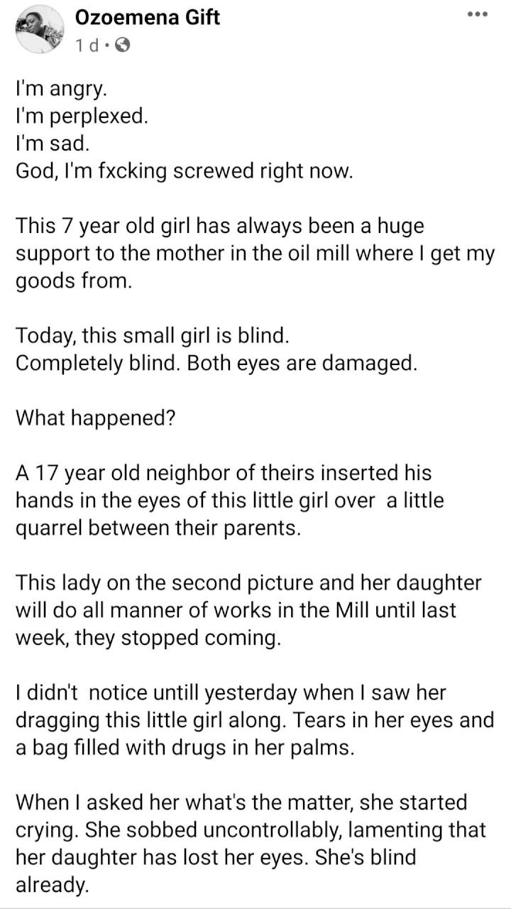 Girl, 7, becomes blind after a neighbour allegedly poked her eyes over an argument with her parents