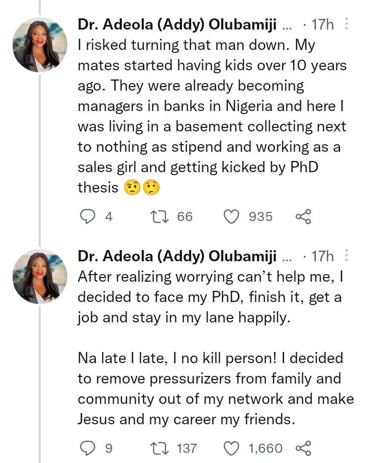 Lady reveals what she did when she had to choose between her PhD and love life