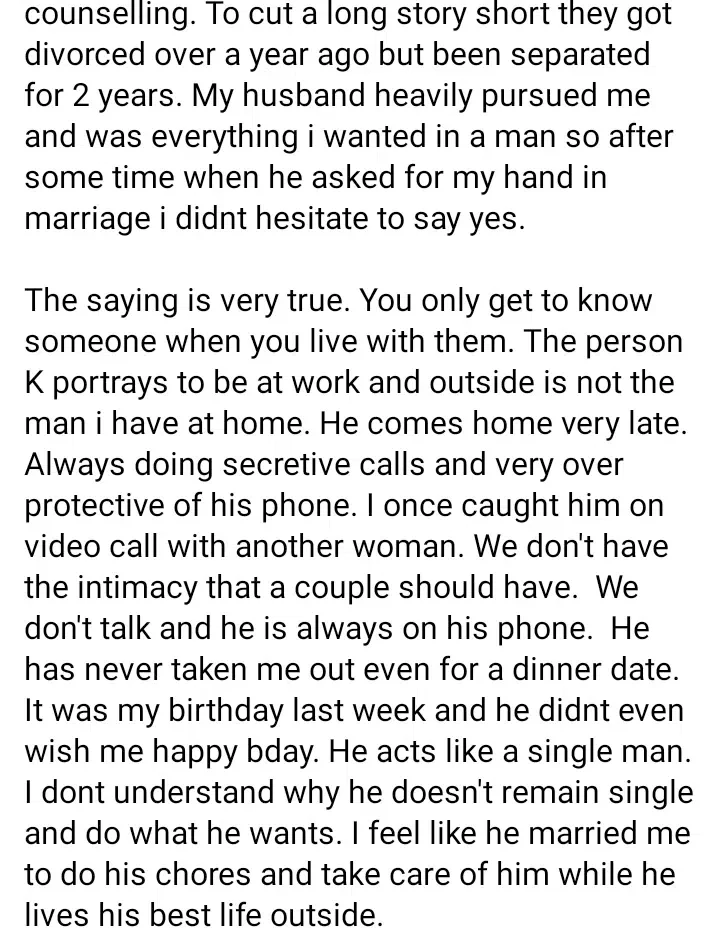'He acts like a single man' - Embattled wife laments over husband's behavior