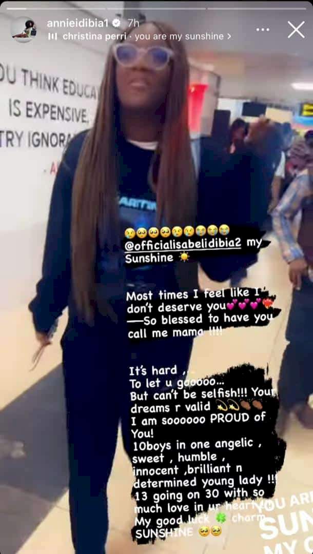 'It's hard to let you go' - Annie Idibia emotional as daughter, Isabel, jets out of Nigeria