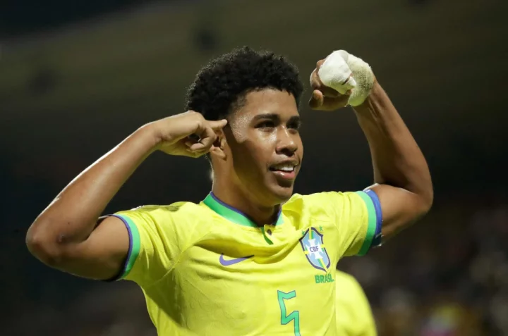Brazil's Andrey Santos celebrates after scoring against Venezuela during the South American U-20 championship football match at the Metropolitano de Techo stadium in Bogota, Colombia on February 3, 2023. (Photo by JUAN PABLO PINO / AFP) (Photo by JUAN PABLO PINO/AFP via Getty Images)