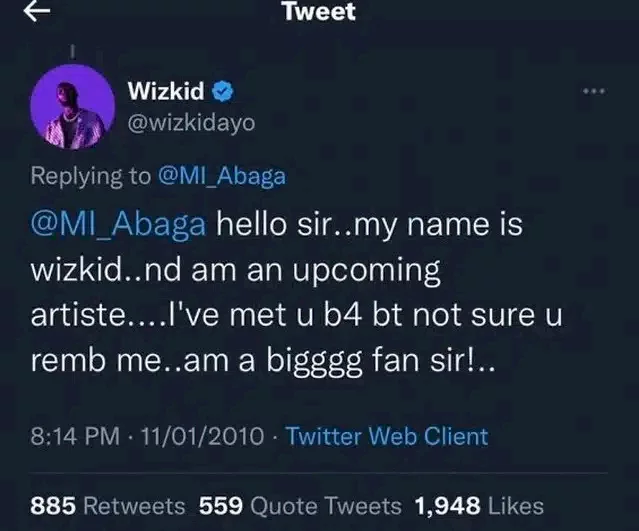 Reactions as old tweet of Wizkid begging M.I for attention resurfaces amidst rap saga