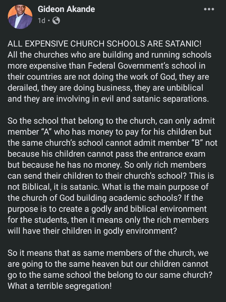 All expensive schools owned by churches are satanic - Evangelist Gideon Akande