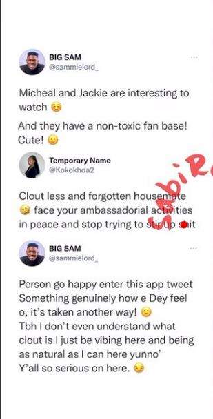 'Cloutless and forgotten housemate'- Twitter user drags Sammie over comment on Michael and Jackie B's relationship
