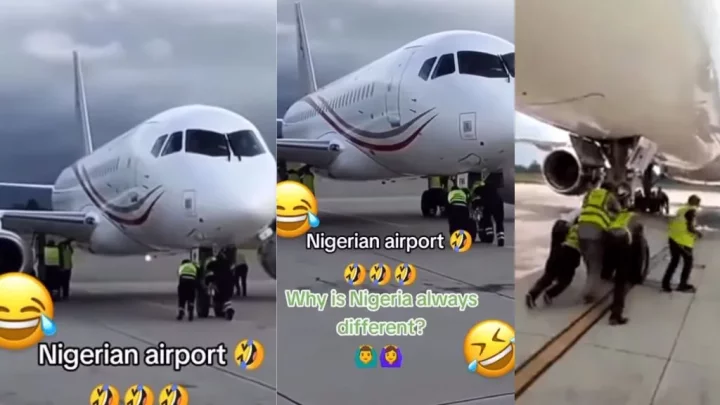 "God Abeg oh" - Video trends as a group of men spotted pushing an aircraft at a Nigerian airport (Watch)