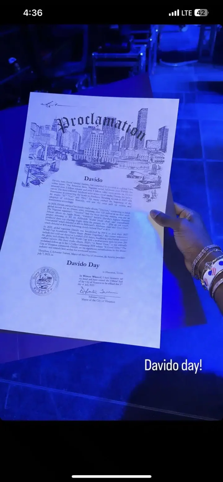 Mayor of Houston, U.S city declares July 7th 'Davido Day'