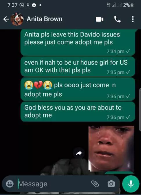 'Come and adopt me pls' - Nigerian lady begs Anita, Davido's alleged pregnant side chick