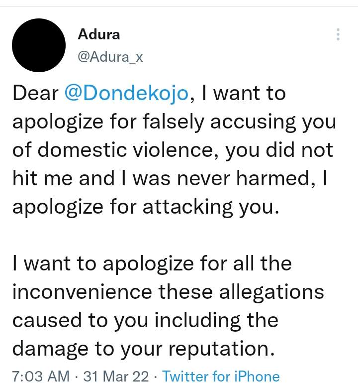 Lady tenders apology to ex-boyfriend after accusing him of domestic violence and damaging his reputation