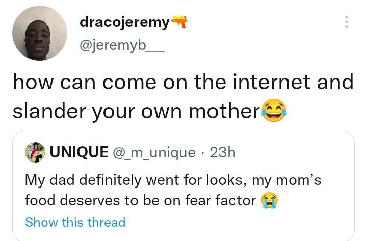 'How can you come online and slander your own mother?' - Netizens drag lady after she described her mum's cooking as a 'fear factor'