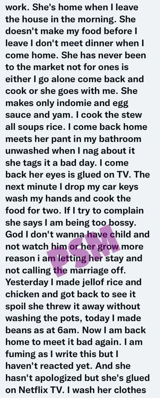 Man seeks advice over fiancee who does not cook nor clean but watches TV all day and receives N100K monthly
