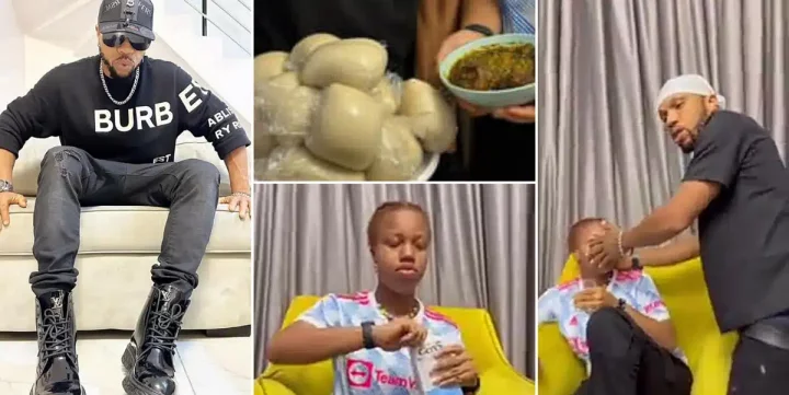 Charles Okocha descends on staff for serving his 'phenomenal' daughter big wraps of fufu (Video)