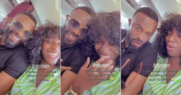 "I don laugh tire" - Moment Hilda Baci bumped into Okon Lagos inside plane (Video)