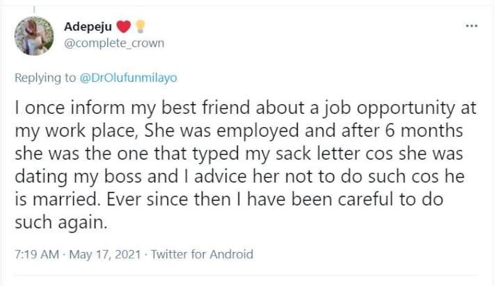 Lady narrates how she got sacked for telling her bestfriend to stop dating her boss