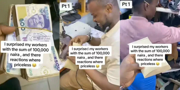 Employer gives out N100K to staff to help them with high cost of living, they react emotionally in video