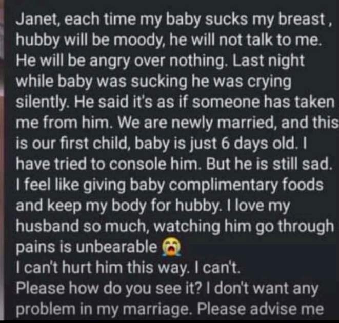 Nursing mother laments over husband's jealousy towards 6-day-old baby
