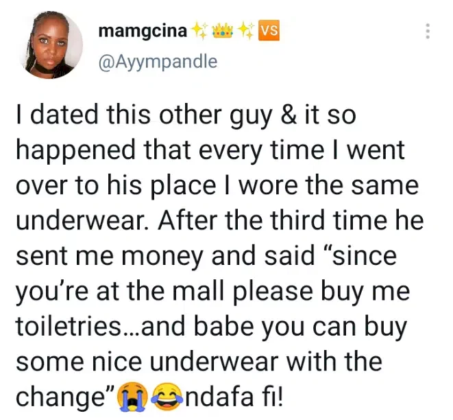 Lady reveals what her boyfriend did after he noticed that she wears same underwear