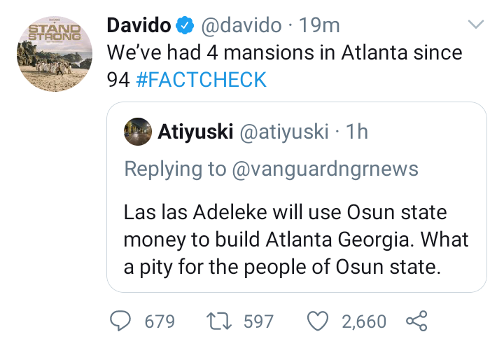 Davido reveals number of mansions owned by his family in Atlanta; slams troll who made a far-fetched claim about his uncle & Osun State's money