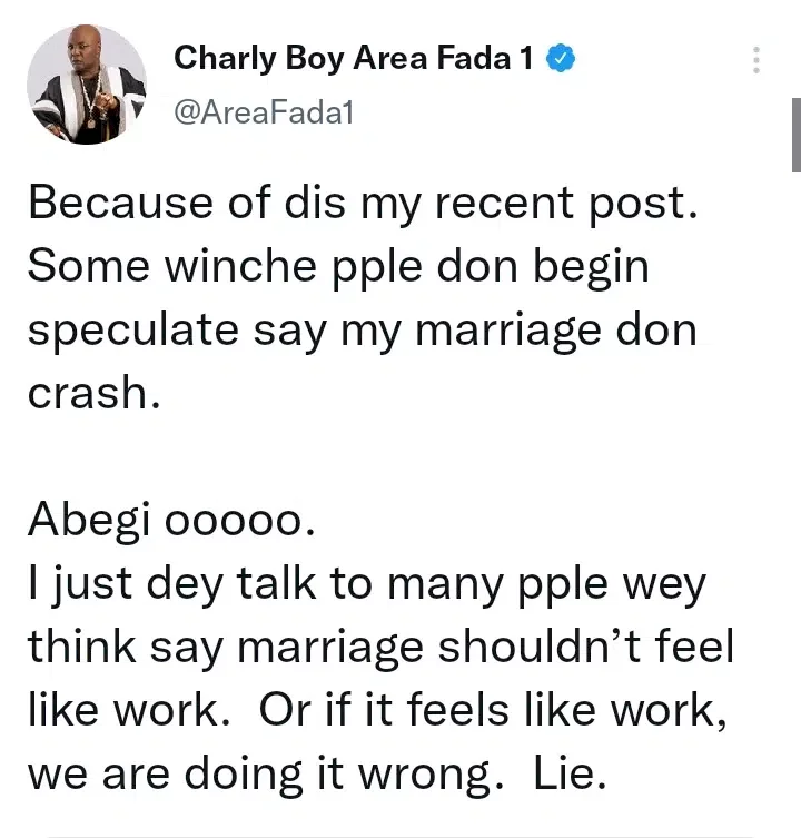 Charly Boy debunks divorce speculations following claim of exhaustion