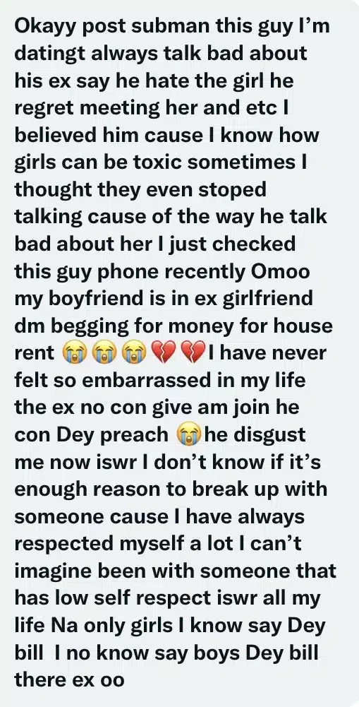 'I can't be with someone with such low self-respect' - Lady considers dumping boyfriend for begging rent money from ex-girlfriend