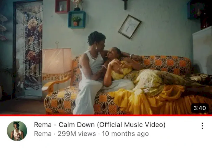 Rema's 'Calm Down' reaches almost 300 million views on YouTube