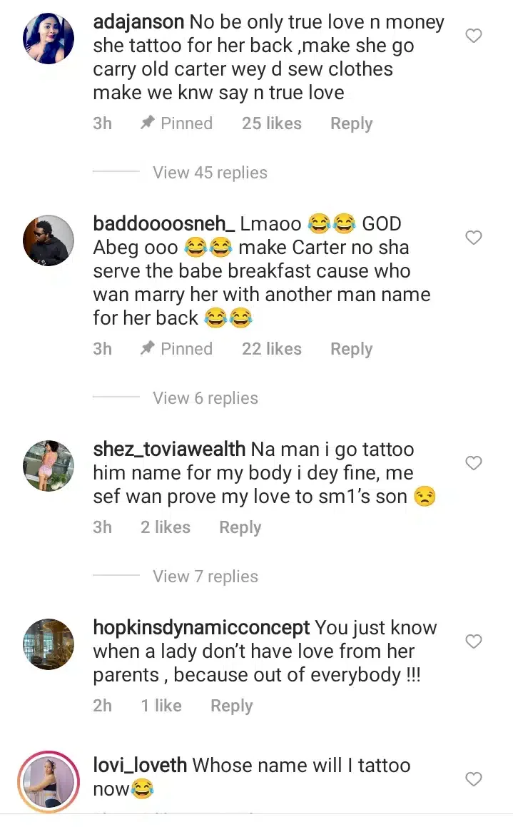 Reactions as Carter Efe's girlfriend tattoos his name on her back (Video)