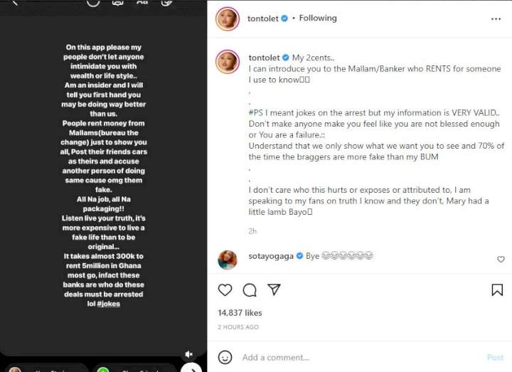 'Bob, is that you?' - Reactions as Tonto Dikeh reveals what celebrities do to portray the lavish lifestyle on Instagram