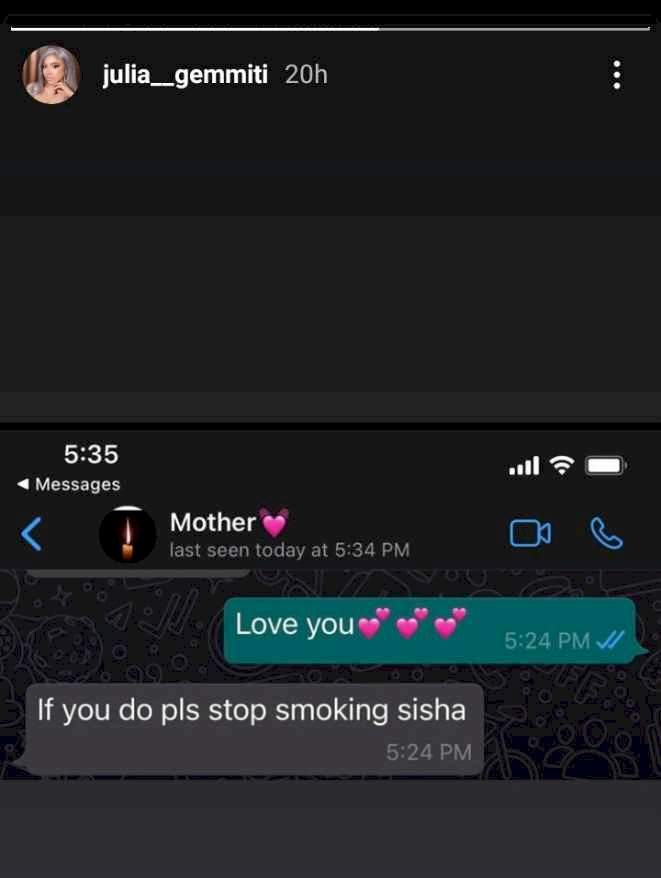 Please stop sm0king shisha if you love me - Ned Nwoko's daughter leaks chat with her mother (Screenshot)