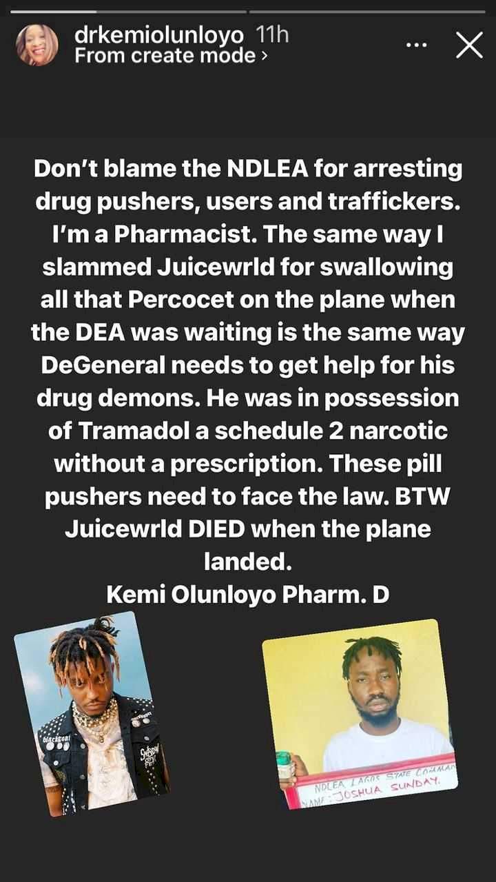 'Don't blame NDLEA for arresting DeGeneral' - Kemi Olunloyo lauds anti-drug agency, pens reason