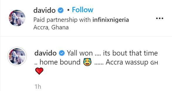“You all won” – Davido says as he jets out of US to Ghana amid kissing saga