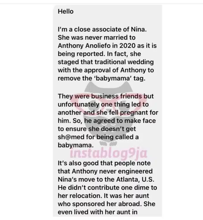 'She was never married to Anthony; the traditional marriage was staged' - Close associate of Nina spills