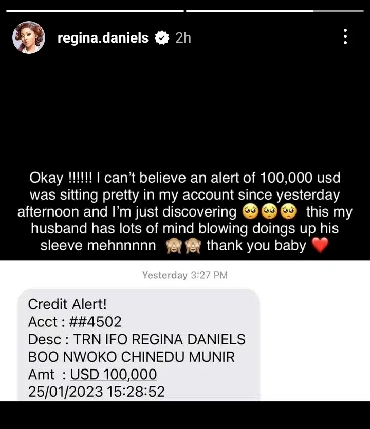 'I can't believe this' - Regina Daniels flaunts N46 million alert from billionaire hubby, Ned Nwoko