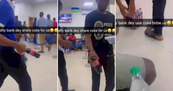 "Them no wan collect" - Reactions as bank staff shares coke to customers in banking hall (Video)