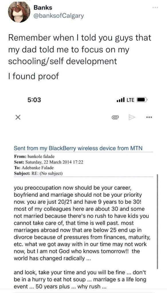 'Don't be in a hurry to eat hot soup' - Lady shares email her dad sent to her in 2014 advising her to focus on self development and not marriage