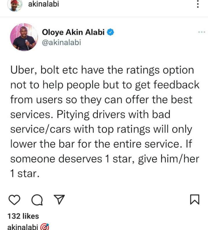 Akin Alabi tells customers why it's wrong to give drivers higher ratings out of pity