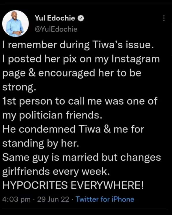 Yul Edochie revisits Tiwa Savage's tape saga as he recalls face-off with his politician friend