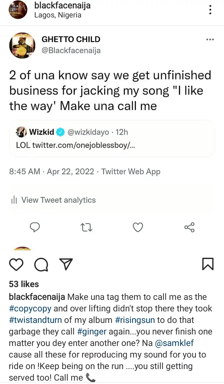 Blackface reveals Wizkid and Banky W stole his song; orders them to call him