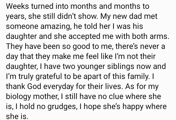 Lady recounts how her mother abandoned and left her with her ex-boyfriend