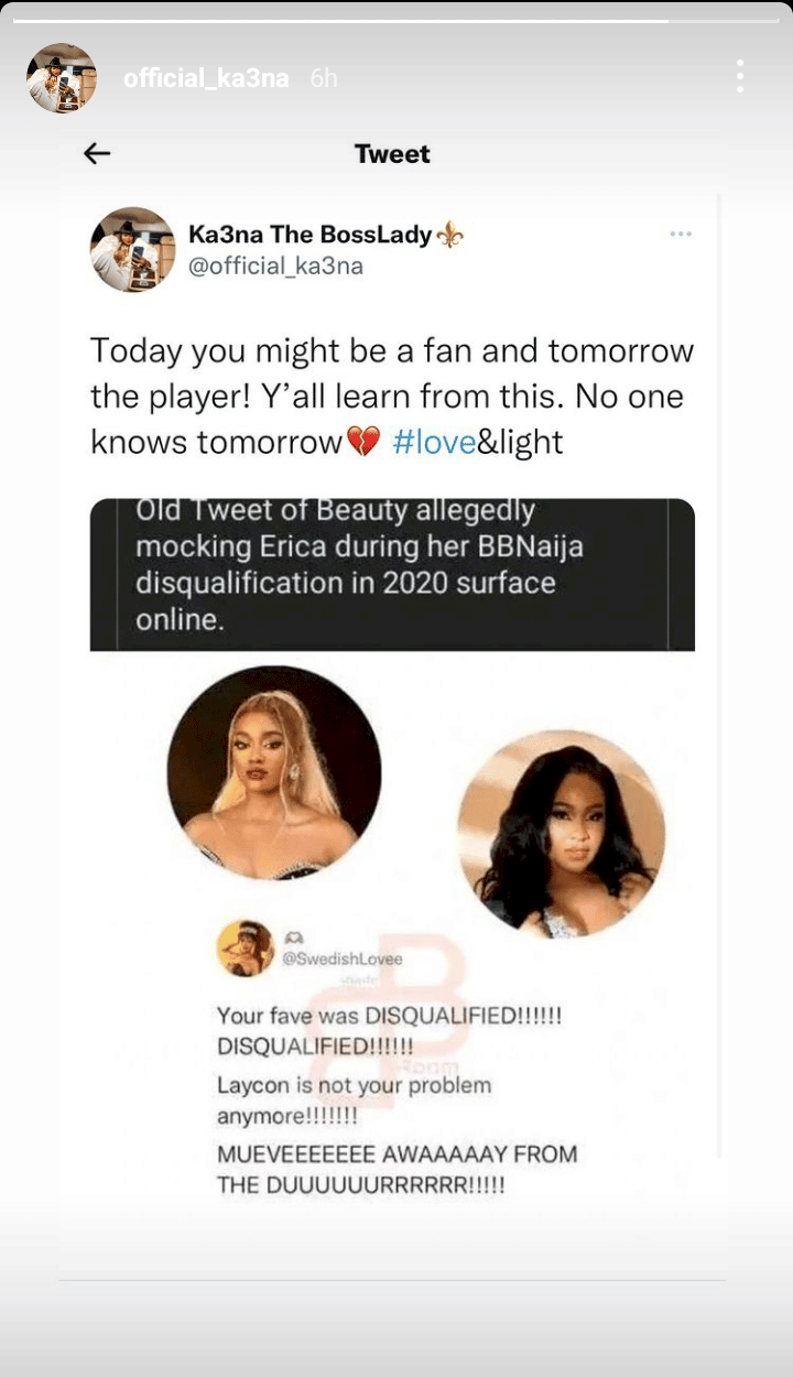 Ka3na reacts to alleged old tweet of Beauty mocking Erica Nlewedim after she got disqualified
