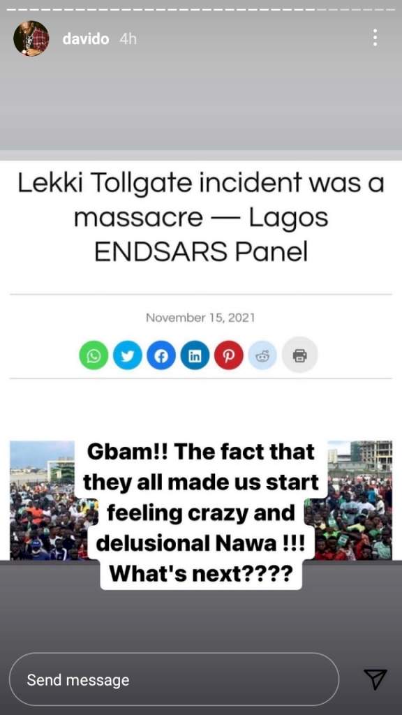 Davido breaks silence over Lagos Judicial Panel's report on Lekki Toll Gate shooting