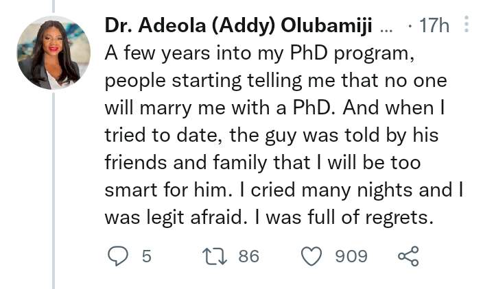 Lady reveals what she did when she had to choose between her PhD and love life