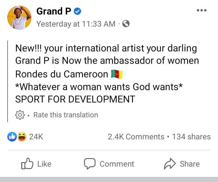 Grand p declares himself ambassador of women in Cameroon