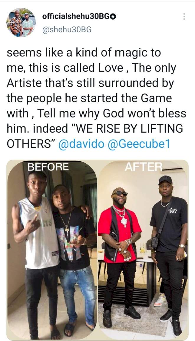 'Tell me why God won't bless him' - Davido's aide shares photos of his transformation years after meeting Davido