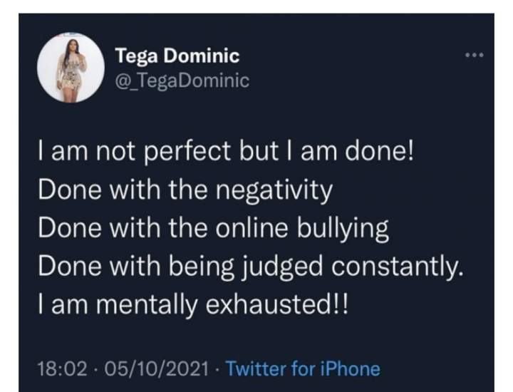 BBNaija: I'm mentally exhausted - Tega cries out, deactivates Instagram account