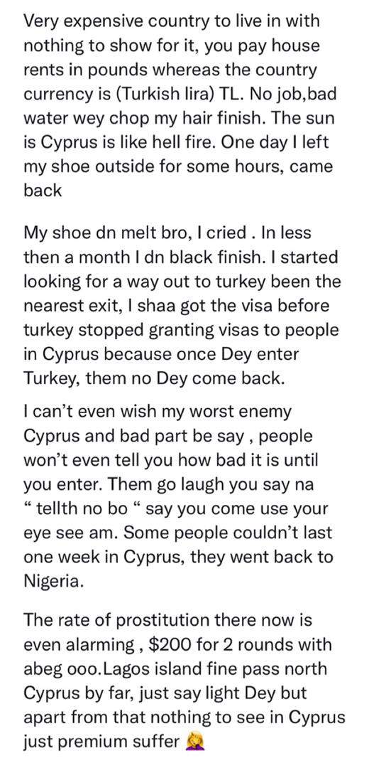 'People won't tell you the truth until you reach abroad' - Nigerian laments after moving to Cyprus