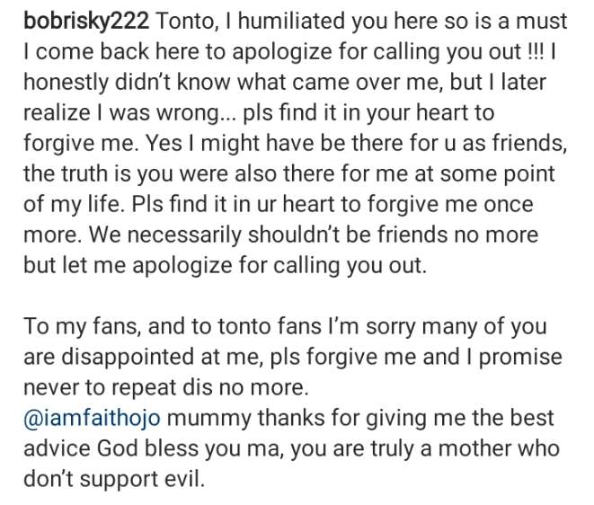 Bobrisky apologizes to former bestie, Tonto Dikeh for calling her out