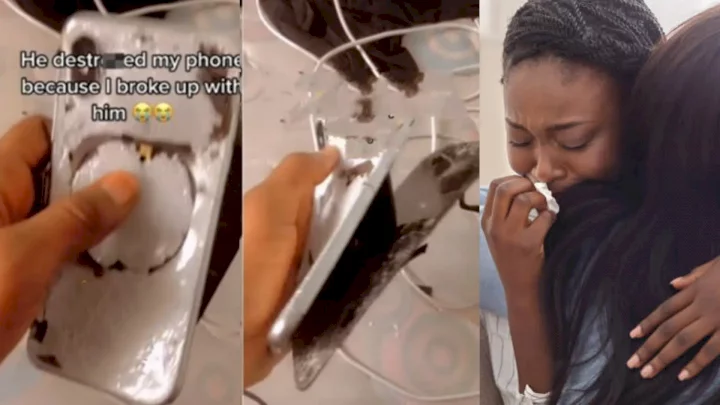 Lady cries bitterly after boyfriend smashed her phone for dumping him (Video)