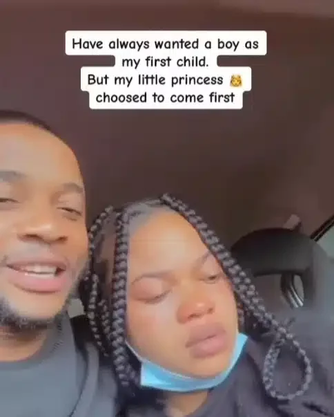 Lady who wanted baby boy as first child tears up after giving birth to girl (Video)